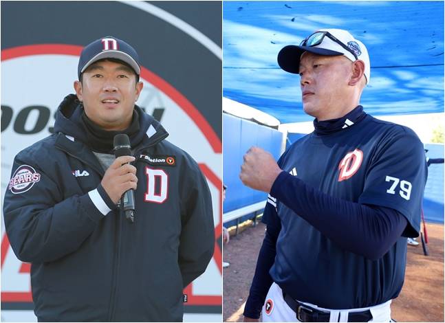 2025시즌 두산에서 활약했던 김지용 코치(왼쪽)와 박정배 코치. /사진=두산 베어스