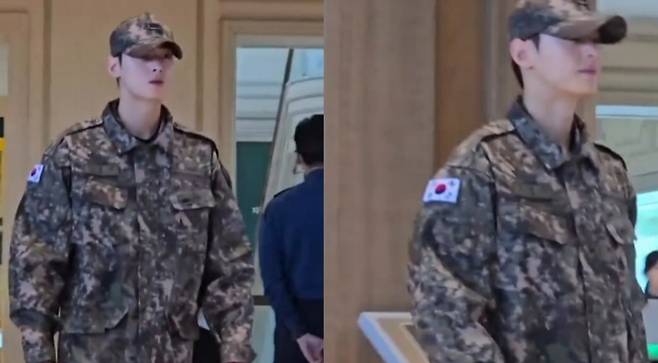 군 복무 중인 아스트로 멤버 겸 배우 차은우가 경주에서 열린 APEC 정상회의 행사 지원 현장에서 포착됐다. 군복 차림에도 변함없는 외모로 팬들의 뜨거운 반응을 모았다. 온라인커뮤니티 갈무리