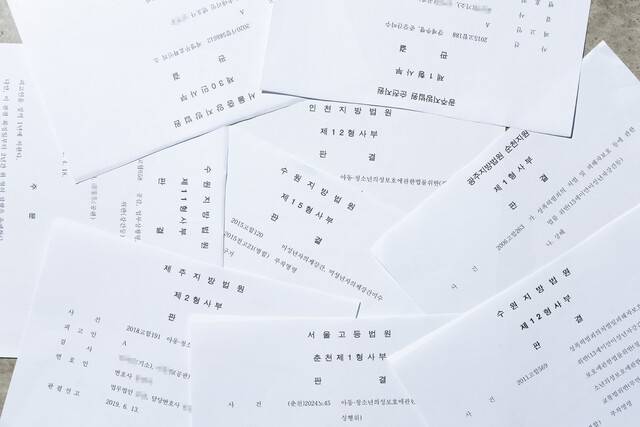 최근 20년(2005~2025년) 동안 여자축구 내에서 발생한 성폭력 관련 확정판결을 찾기 위해 법원도서관 판결문 방문 열람과 인터넷 판결문 열람 시스템을 이용했다. ‘축구부’ ‘축구클럽’ ‘코치’ ‘감독’ ‘선수’ ‘성추행’ ‘성폭행’ ‘강간’ 등의 단어를 단독 또는 조합해 검색해 나온 판결문들. 김진수 선임기자 jsk@hani.co.kr