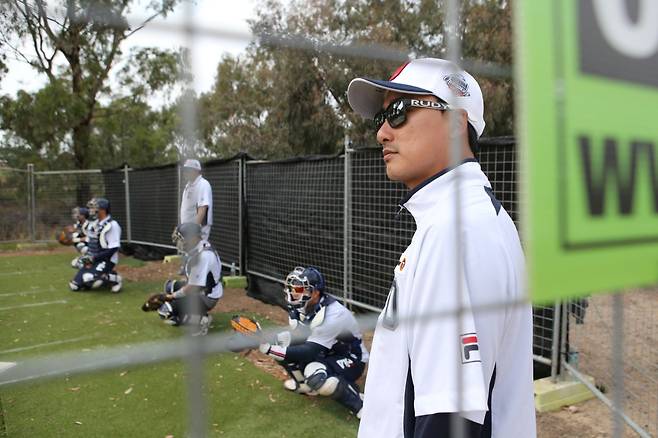 두산 코치 시절, 정재훈 투수코치의 모습. /사진=두산 베어스 제공
