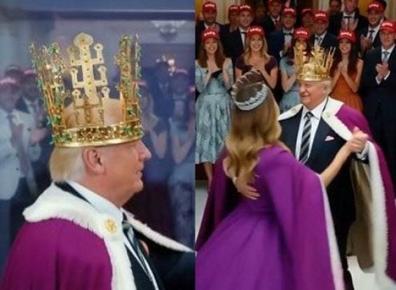 도널드 트럼프 미국 대통령이 신라 금관을 쓰고 멜라니아 여사와 춤을 추는 풍자 영상이 온라인상에서 확산하고 있다.(사진=소셜미디어 엑스 갈무리)