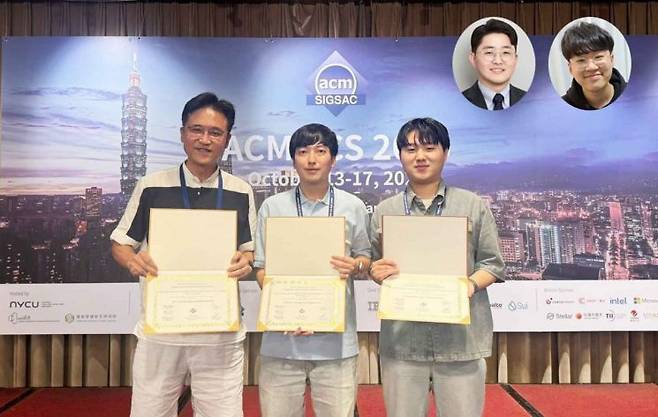 연구자 사진. 왼쪽부터 김용대 교수, 손민철, 김광민 박사과정. 상단(원) 박출준 경희대 교수, 오범석 박사과정. KAIST 제공