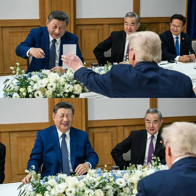 30일 부산 김해기지에서 있었던 미중 정상회담의 비공개 세션 당시 사진을 백악관이 공개했다. 대니얼 토록 사회관계망서비스 엑스