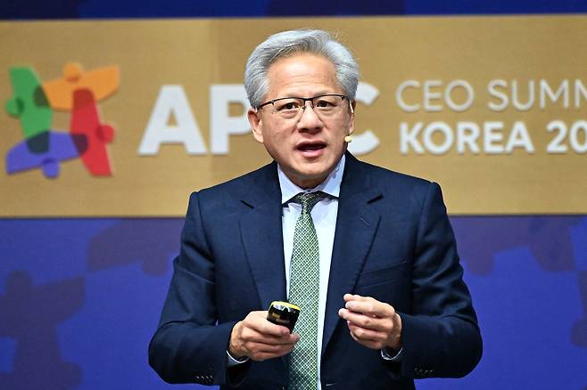 Jensen Huang, CEO of NVIDIA, delivers a keynote speech during a special session at the APEC CEO Summit Korea 2025, held at the Gyeongju Arts Center in Gyeongju, North Gyeongsang Province, on Friday.  (Im Se-jun / The Korea Herald)