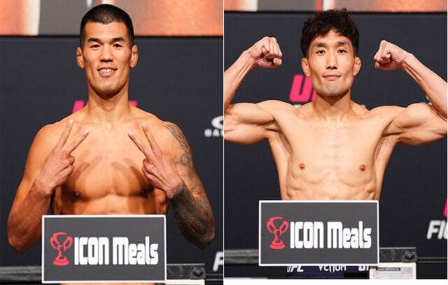 1일 'UFC 파이트 나이트: 가르시아 vs 오나마' 대회 '계체를 마치고 멋진 포즈를 취한 고석현(왼쪽)과 이창호. /UFC 제공