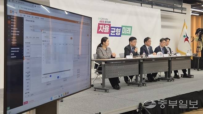 3일 경기도교육청 남부청사 2층 컨퍼런스룸에서 열린 정책브리핑에서 교원인사정책과 관계자가 G-인사이트를 시연하고 있다. 이성관 기자