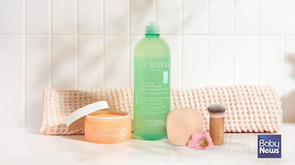 라로제 메이크업 및 클렌징 라인 신제품 4종 이미지. (왼쪽부터) △체리 딥 클렌징 밤 △데일리 퓨리파잉 클렌징 젤 △스킨케어 컴팩트 파우더 △아티장 메이크업 브러시. ⓒ라로제코리아