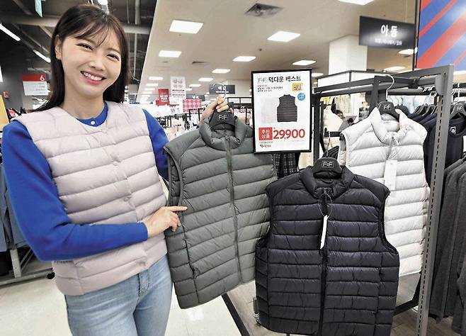 홈플러스에서 판매하는 2만9900원짜리 ‘덕다운 경량 베스트’. /홈플러스