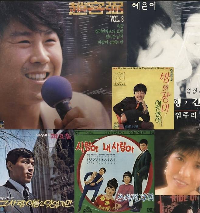 음악 다큐 '바람이 전하는 말'을 보시면 한 소절씩 들을 수 있는 김희갑 선생님의 곡들이 이 앨범들에 들어있습니다. 가장 왼쪽 위가 조용필 8집. '킬리만자로의 표범'과 다큐의 제목이기도 한 '바람이 전하는 말'이 여기 들어있죠./판씨네마