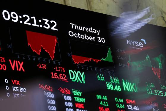 뉴욕증권거래소 모니터에 증시 현황이 표시되고 있다. AFP-연합뉴스