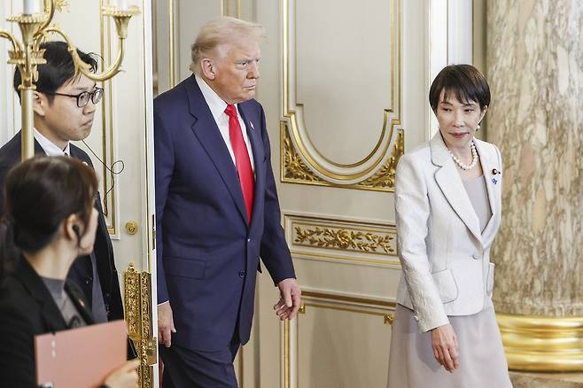 U.S. President Donald Trump and Japan's Prime Minister Sanae Takaichi arrive for the Japan-U.S. summit meeting at Akasaka Palace State Guest House in Tokyo, Japan on Oct. 28. [EPA/YONHAP]