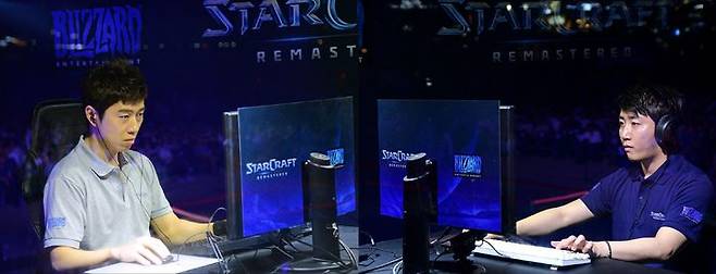 [서울=뉴시스] 임요환과 홍진호가 2017년 부산 광안리해수욕장에서 열린 블리자드 '스타크래프트: 리마스터' 출시 행사 'GG 투게더'에서 경기를 펼친 모습 (사진=블리자드 엔터테인먼트 제공) *재판매 및 DB 금지