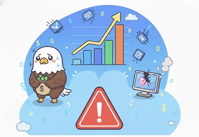 올해 16% 상승한 미국 증시에 2000년 닷컴 버블 붕괴 직전과 같은 위험 신호가 나타나 고민에 빠진 투자자들의 모습을 인공지능(AI)으로 표현한 일러스트.