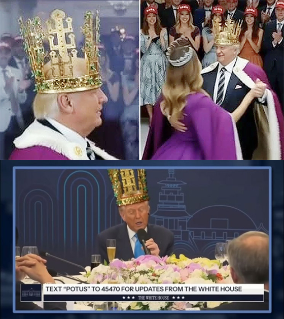 도널드 트럼프 미국 대통령이 지난 10월 29일 방한 중 한미정상회담에서 이재명 대통령으로부터 신라 시대 천마총 금관 모형을 선물받은 뒤, 해외에선 ‘No Kings’ 시위 등에 비춰 트럼프 대통령에게 금관을 씌운 인공지능(AI) 합성 밈(meme)이 만들어져 확산되고 있다.<해외 커뮤니티 합성사진 갈무리>