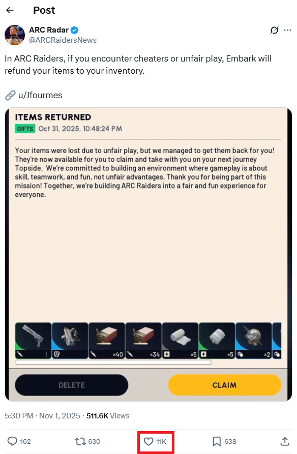 ▲ 치터에 의해 잃어버린 아이템을 복구시켜준 메일은 커뮤니티에 큰 호응을 얻었다.