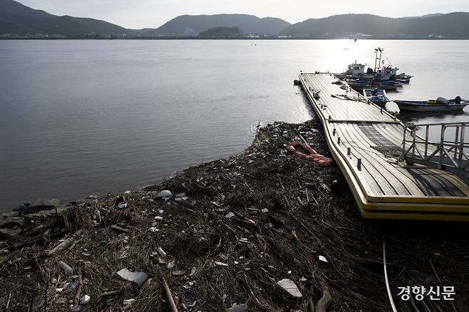 10월 21일 찾은 인천시 강화군 더리미포구. 어민들이 배를 정박하는 부전교 주변에는 한강 상류 등에서 쓸려 내려온 나무, 쓰레기 등 부유물이 늪처럼 쌓여 있었다. 강화 l 문재원 기자