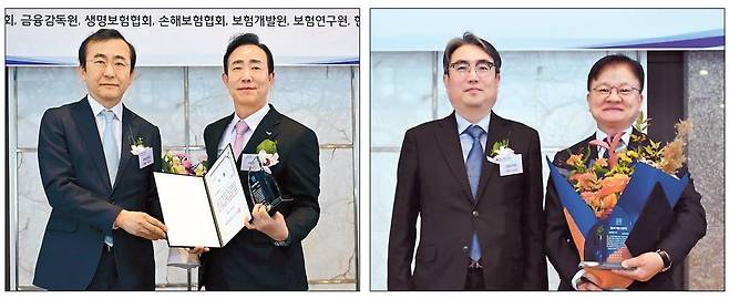 제30회 헤럴드보험대상 시상식에서 이세훈 금감원 수석부원장으로부터 금융감독원장상 대상을 수상한 조대규(왼쪽사진 오른쪽) 교보생명 대표와 김범기 금융위 상임위원으로부터 금융위원장상 대상을 수상 한 백송호(오른쪽사진 오른쪽) 삼성화재 기획실장(부사장)  이상섭 기자
