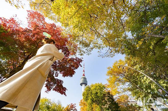 [서울=뉴시스] 황준선 기자 = 완연한 가을 날씨를 보인 4일 서울 중구 남산을 찾은 시민들이 단풍길을 걷고 있다. 2025.11.04. hwang@newsis.com