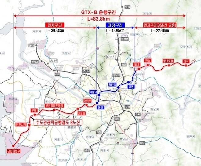 ▲&nbsp;GTX-B 노선도. /자료=인천시