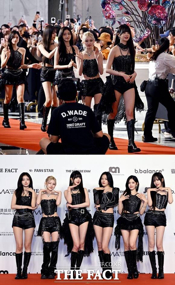 그룹 아이브의 레이 가을 장원영 안유진 이서 리즈(사진 아래, 왼쪽부터) 9월 20일 '마카오 아웃도어 퍼포먼스 베뉴'에서 열린 '2025 더팩트 뮤직 어워즈' 레드카펫에 참석해 포즈를 취하고 있다./이효균 기자