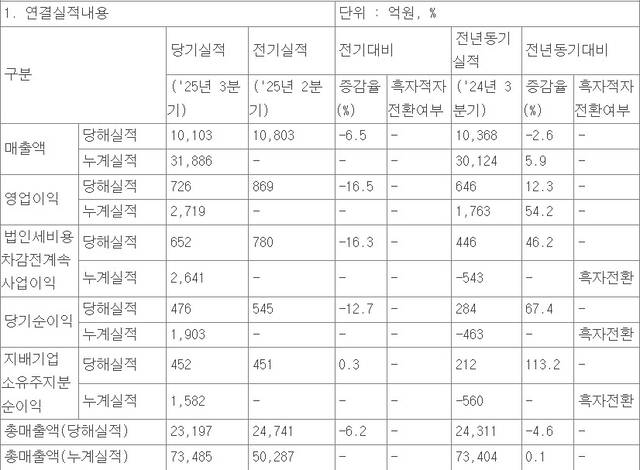 현대백화점 2025년 3분기 실적 현황. [전자공시시스템 캡처]