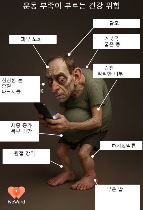 장기적인 운동 부족이 초래할 건강 위험을 각 신체 부위별로 표현했다.