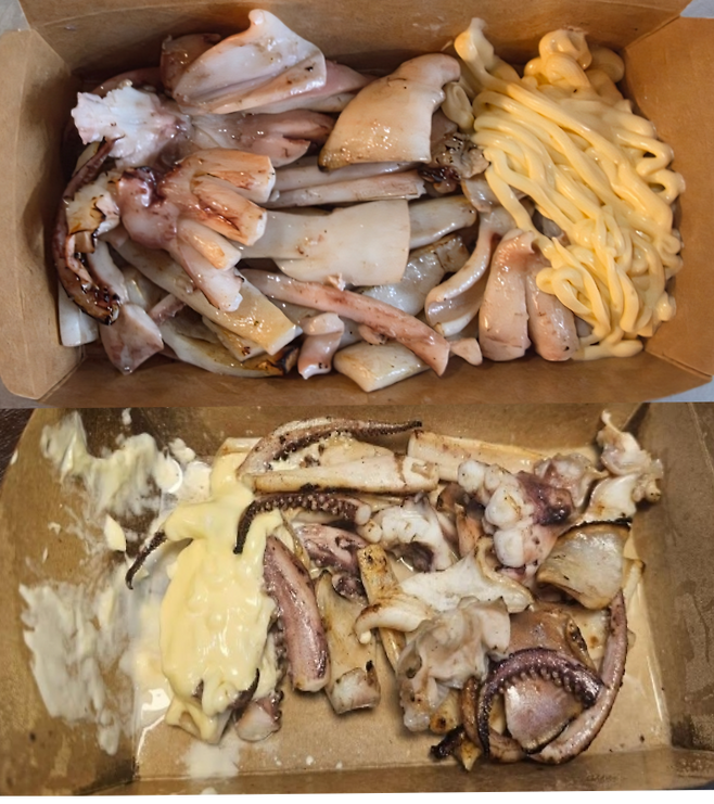 논란이 됐던 오징어 구이와 동일 가격 제품(위쪽)과 제보 음식 사진(아래)
