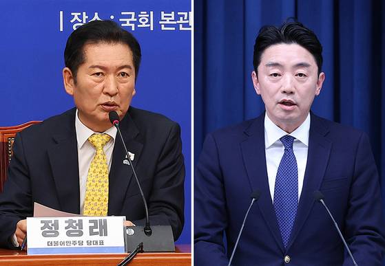 정청래 더불어민주당 대표가 3일 오전 서울 여의도 국회에서 열린 ‘사법 불신 극복, 사법행정 정상화 TF 출범식’에서 발언하고 있다(왼쪽 사진). 같은 날 강훈식 대통령비서실장이 서울 용산 대통령실 기자회견장에서 재판중지법 관련 브리핑을 하고 있다. 임현동 기자, 대통령실사진기자단