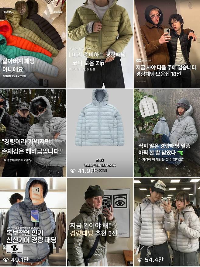 경량 패딩 관련 콘텐츠.  /사진=SNS 캡처