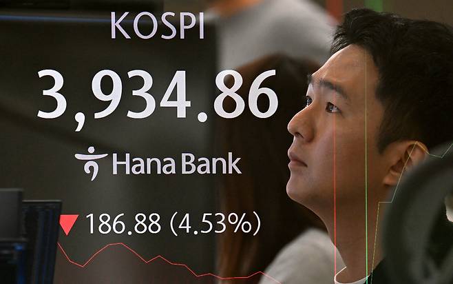 5일 코스피가 대규모 매도세에 4000선이 붕괴됐다. 고점 부담이 커진 데다 인공지능(AI) 거품론이 또 다시 불거지며 간밤 뉴욕증시가 일제히 하락한 영향으로 풀이된다. 이날 오전 서울 중구 하나은행 딜링룸 전광판에 9시 29분 기준 코스피 지수가 전 거래일보다 186.88포인트 하락한 3934.86포인트를 나타내고 있다. 사진은 다중노출 합성 촬영. 임세준 기자
