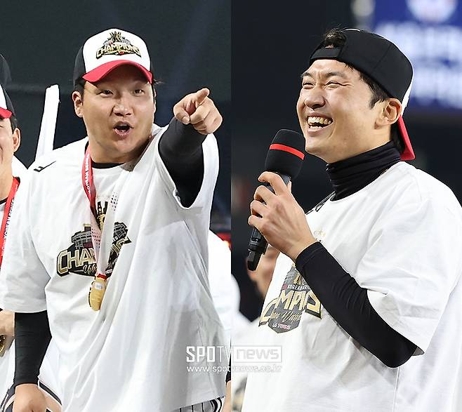 ▲ 한국시리즈가 끝난 뒤 LG에 남고 싶다는 박해민(오른쪽)을 향해 후배 문보경이 약속을 어기지 말라며 소리치고 있다. ⓒ곽혜미 기자