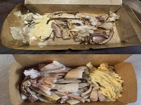 성명불상의 게시자가 서귀포 올레시장에서 구매했다며 게시한 철판오징어 사진 (위), 서귀포매일올레시장 상인회가 제공한 철판오징어 사진. (사진=연합뉴스)