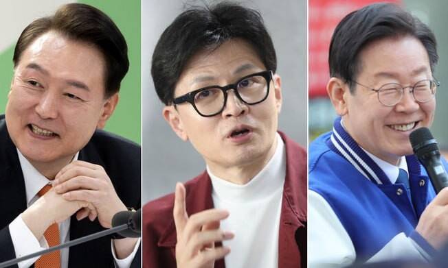 왼쪽부터 윤석열 전 대통령, 한동훈 전 국민의힘 대표, 이재명 대통령. 연합뉴스