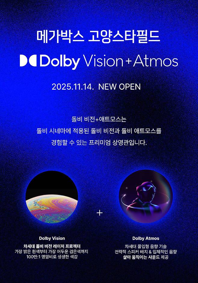 [서울=뉴시스] 메가박스는 오는 14일 경기 고양시 스타필드점에 '돌비 비전+애트모스'(Dolby Vision+Atmos) 특별관을 정식 개관한다고 5일 밝혔다. 서울 구의 이스트폴점을 시작으로 목동점, 청주터미널점에 이어 국내 네 번째 지점이며, 218석 규모다. (사진=메가박스 제공) 2025.11.06. photo@newsis.com *재판매 및 DB 금지