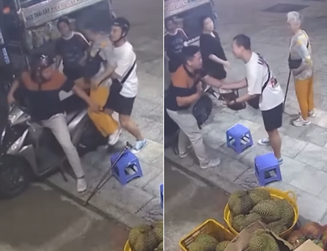 베트남 관광지 푸꾸옥에서 여행 중 길을 잃은 한국인 노모를 찾아주고도 사례금은 한사코 거절한 현지인 사연이 화제다. 사진은 현지인 남성이 운전한 오토바이에서 모친을 내리는 한국인 남성의 모습(왼쪽)과 한국인 남성이 사례금을 건네자 현지인 남성이 극구 거절하는 모습(오른쪽)이 담긴 폐쇄회로(CC)TV 영상 장면. NLD 보도화면 캡처