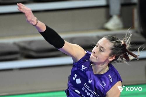 스파이크하는 흥국생명의 레베카 [한국배구연맹 제공. 재판매 및 DB 금지]