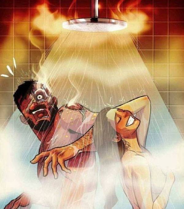 일반적으로 여성은 뜨거운 샤워를, 남성은 비교적 미지근한 샤워를 선호하는 것으로 알려져 있다./사진=만화 작가 예후다 데비어 인스타그램​