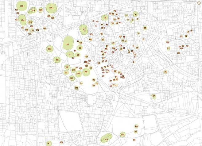 경주 시내 고분 분포. 초록색은 고분, 빨간색은 고분을 구분하기 위해 붙인 숫자다. 이 중 발굴된 것은 절반에 못 미친다. /국립문화유산연구원