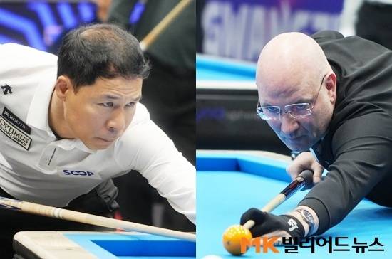 H조 2위(2승1패) 허정한(왼쪽)은 16강전에서 앤트워프3쿠션월드컵 우승자 마틴혼과 만난다.