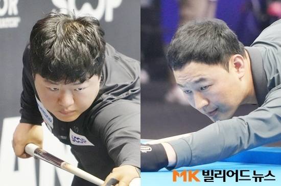 조명우(왼쪽)와 최완영이 8일 ‘2025 광주3쿠션월드컵’ 16강전에서 각각 다오반리와 사메 시돔을 꺾고 8강에 진출, 4강 티켓을 놓고 맞붙는다.