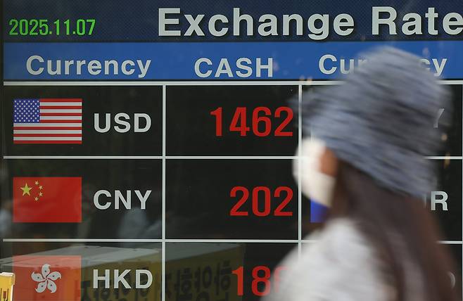 7일 오후 서울 중구 명동의 한 환전소 앞 전광판에 환율이 표시되고 있다. 이날 원·달러 환율은 미국의 고용지표 부진으로 경기 둔화 우려가 커지면서 7개월 만에 1,450원을 돌파했다. 2025.11.7/뉴스1 ⓒ News1 권현진 기자