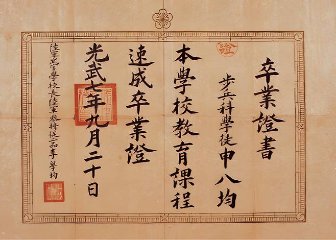 광무 7년(1903년) 신팔균의 무관학교 졸업증서.