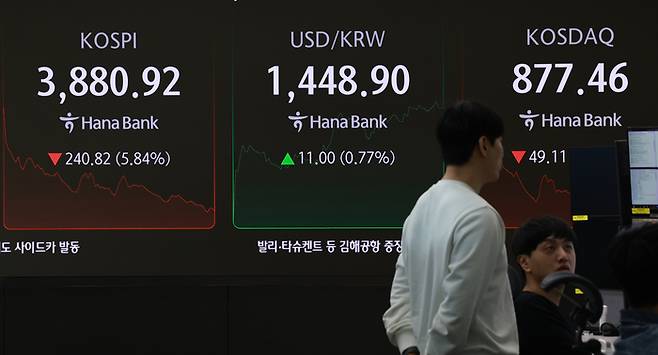 지난 5일 서울 을지로 하나은행 본점 딜링룸 현황판에 코스피, 원/달러 환율, 코스닥 지수가 표시되고 있다. [연합뉴스]