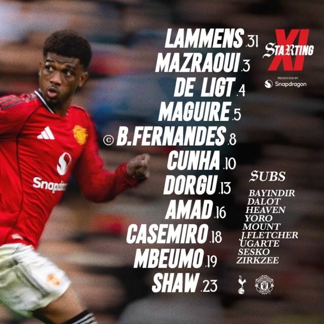 맨유는 골키퍼 라멘스를 시작으로 쇼-매과이어-더리흐트-도르구-페르난데스-카세미루-마즈라위-음뵈모-디알로-쿠냐가 선발 출전했다. 사진=맨체스터 유나이티드 SNS