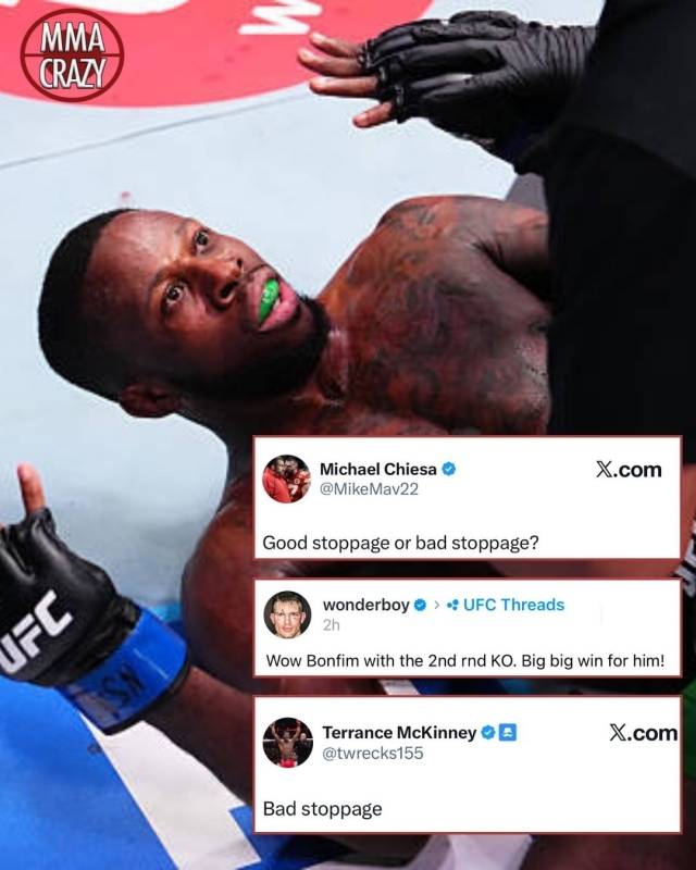 논란이 발생했다. 봉핌의 니킥에 제대로 맞은 브라운이 쓰러진 후 심판이 곧바로 경기를 끝낸 것이다. 브라운은 잠시 의식을 잃은 듯했으나 곧바로 방어 자세를 취했다. 그렇기에 경기 종료와 함께 이른 중단에 대한 결정을 이해할 수 없다는 모습을 보였다. 사진=MMA 크레이지 SNS