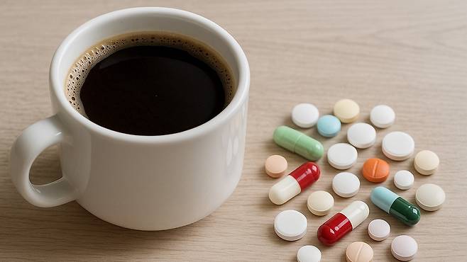 카페인은 약물의 흡수에 영향을 주어 약효를 떨어뜨리거나, 체내 농도를 높여 부작용을 일으킬 수 있다｜출처: Chat Gpt 생성