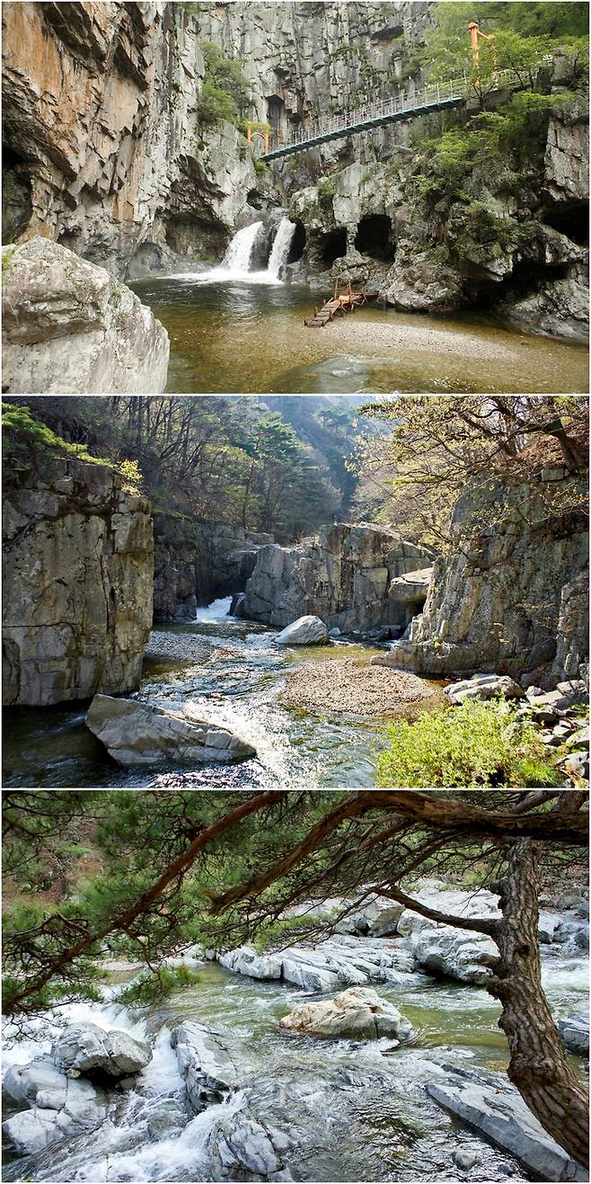 (가장 위) 내연산 관음폭포와 구름다리, (둘째, 셋째 사진)겸재 정선도 반한 내연산 계곡의 절경