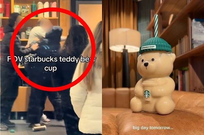 스타벅스가 한정판으로 선보인 ‘베어리스타(Bearista) 콜드컵’(오른쪽)을 구매하려는 고객들끼리 난투극이 벌어졌다. 틱톡·스타벅스 인스타그램 캡처