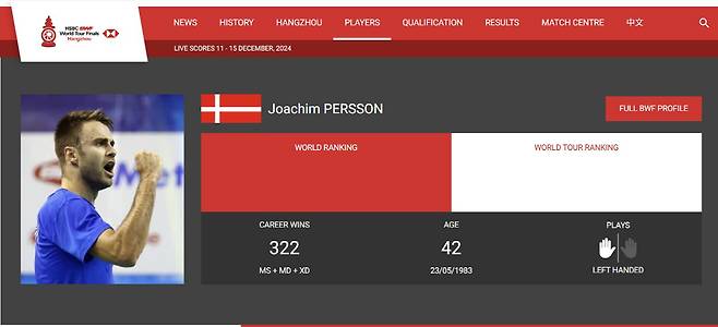 BWF 홈페이지의 요아킴 페르손 프로필. BWF 홈페이지 캡처