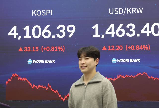 코스피 지수와 원·달러 환율의 11일 마감 수치가 서울 중구 우리은행 본점 딜링룸에 표시되고 있다. [연합뉴스]